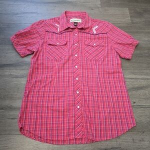 Bit & Bridle Womens Button Up Sjort Sleeve Shirt L Red Plaid Embroidered Accent
